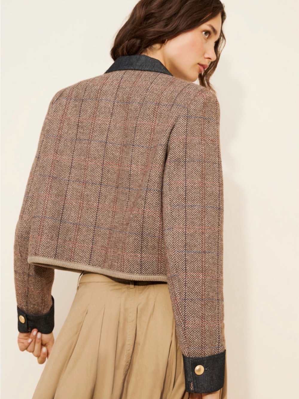 Womens Brown Herringbone Crop Lady Jacket with Dark Collar